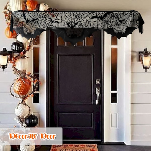 AerWo Halloween Dekorationer Inomhus Spisbrännare Scarf, Svart Spets Spindelnät Spisöverdrag för Halloween Mantel Dekor Festlig Festtillbehör