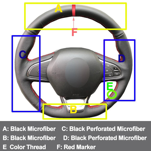 (Svart skinn) Håndsydd rattdeksel for Renault Kadjar Koleos Megane Talisman Scenic 2016 2017 Leather Black