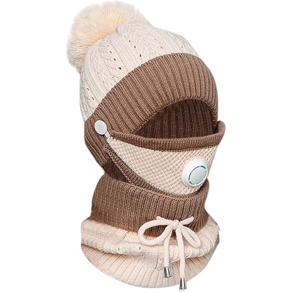 Fleece Lined Womens Beanie Knit Hat Winter Ski Scarf Hat Set Girls Warm Hat Earmuffs Cap with Pom