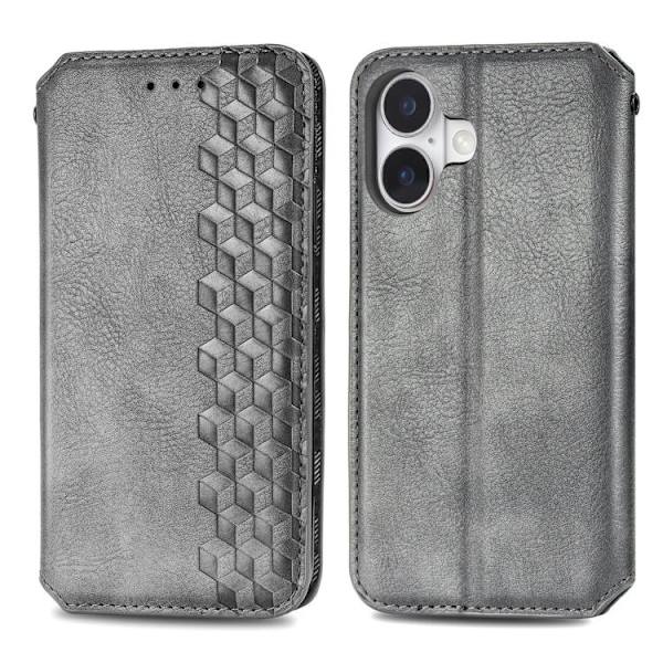iPhone 17 Lædercover med magnetisk lukning og gitterdesign Grå
