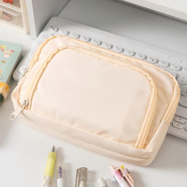 Multifunktionelt penalhus, stor kapacitet, 3 rum, penalhus/blyantboks – sort/pink/beige