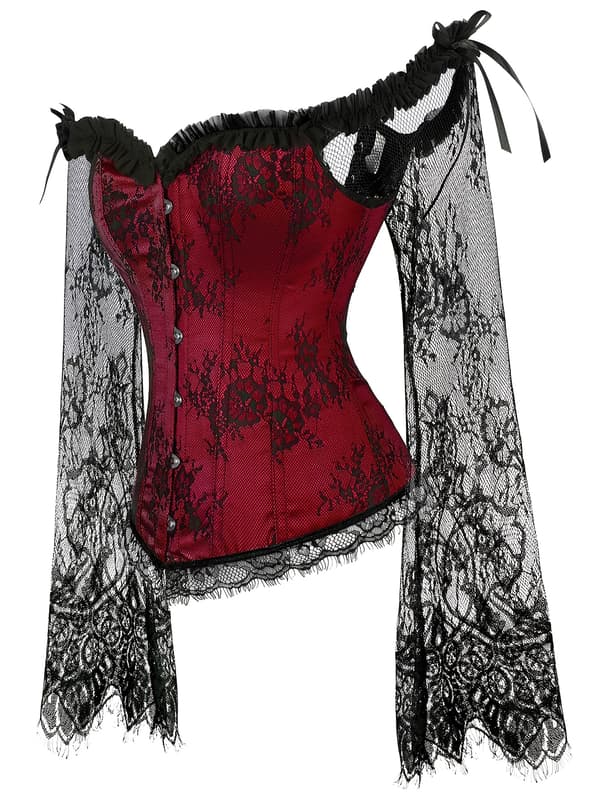 Plus-Size Overbust Korset Bodice Snøre Bustier med Mavekontrol og Blondeærmer til Kvinder 2XL Burgundy