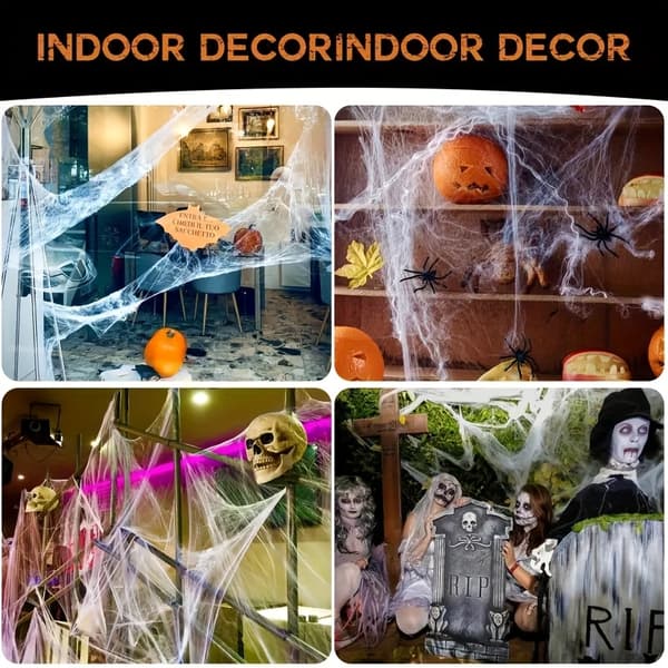 Halloween edderkoppespind dekorationer med edderkopper til hjemsøgt hus og festindretning 8pk web+16spdr