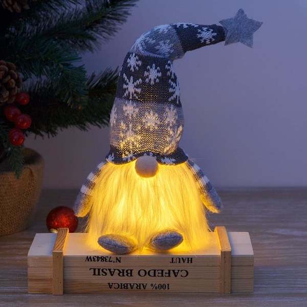 Jul LED-lys med svenske Tomte-figurer, Tomte-plys, julepynt, fritidshusdekoration, gave (Lysegrå hue)