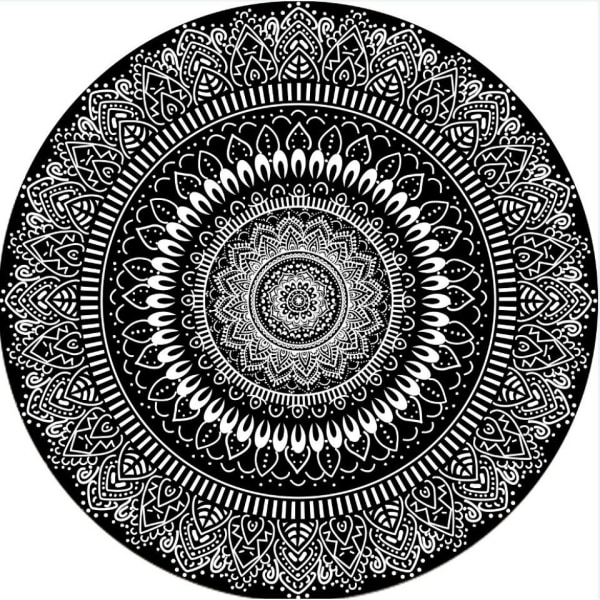 Rund Matta 100cm Svart Mandala Mjuk Badrumsmatta Halkskydd Tvättbar Accent Kast Fnasig Golvmatta för Entré Vardagsrum Sovrum Barnkammare