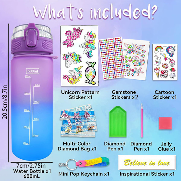 Mermaid DIY Diamantkonst Mugg Kit - Barnpysselaktivitet, Återanvändbar 600ml Vattenflaska med Ädelstenar