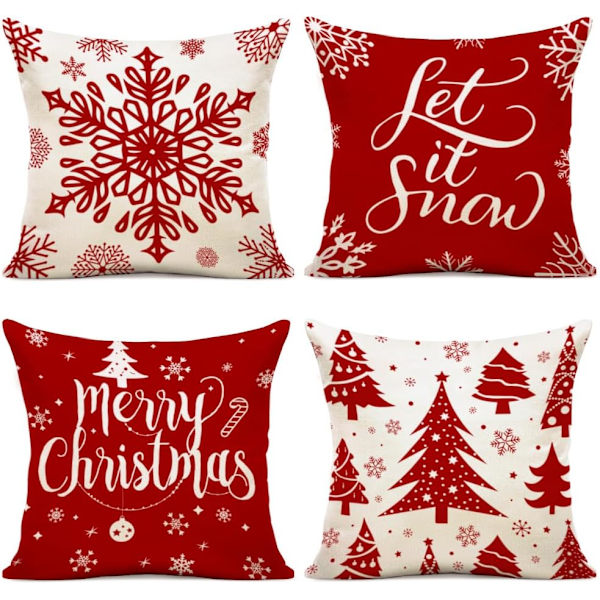 Jul Kuddfodral 40x40 Set med 4 Kuddfodral 40x40 Joulupukki Hirvi Puuvilla ja Pellava Koristeellinen Tyynyliina Joulukoristeeseen 40 x 40 cm