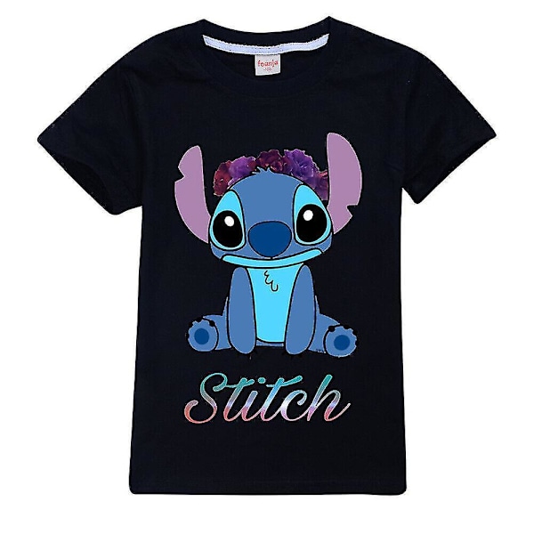 7-14 år Børn Teenagere Drenge Piger Lilo And Stitch T-shirts Trykte Sommer T-shirts Gaver Sort Black 13-14Years