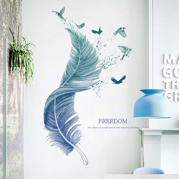 Väggdekal FJÄDER i blått I väggmålningar: 72x124 cm I väggtatuering vardagsrum moderna ordspråk fågel I väggdekoration för kök sovrum badrum hall