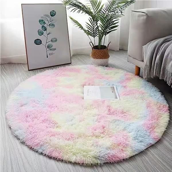 Runda fluffiga regnbågsmattor för flickrum, lurvig cirkelmatta för barn flickor sovrum barnrum heminredning (120 cm * 120 cm)