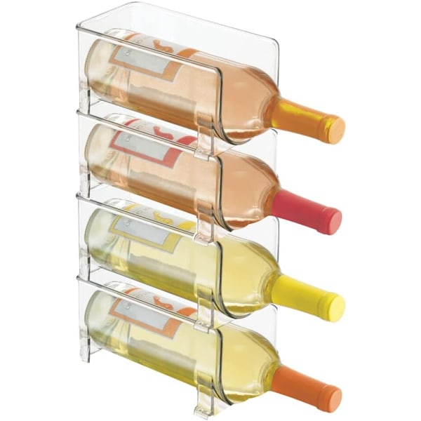 Flaskeholder (Set med 4) – Stabelbar plastvinstativ for 1 flaske vin eller annen drikke – Moderne vinstativ for opptil 4 flasker totalt – Gjennomsiktig