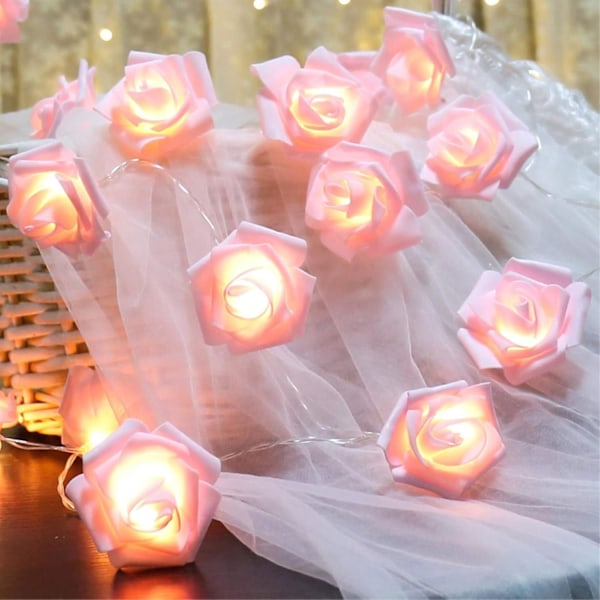 Batteridrevne LED-lysstrenger, kunstig rose, rosa, 3m 20LED jule- og valentinsdag bryllupsdekorasjon, batteridrevne lysstrenger