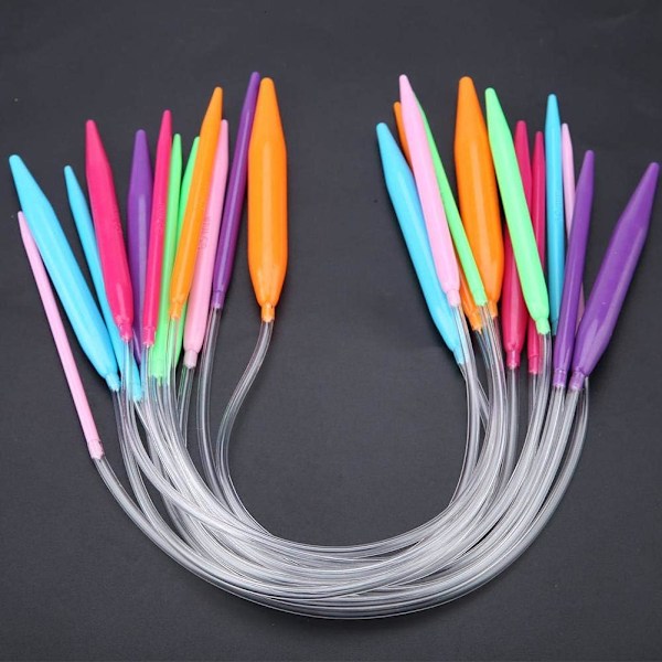 Rundpinne sett i 12 størrelser, 3,5 mm-12 mm, flerfarget, runde plastpinner, dobbelspissede pinner, strikkeverktøy (40 cm)