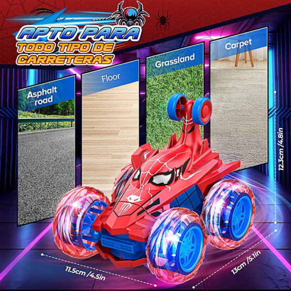 Spiderman RC-auto, latautuva stuntti-RC-auto 360 asteen kierteillä ja 4WD-pyörien valoilla