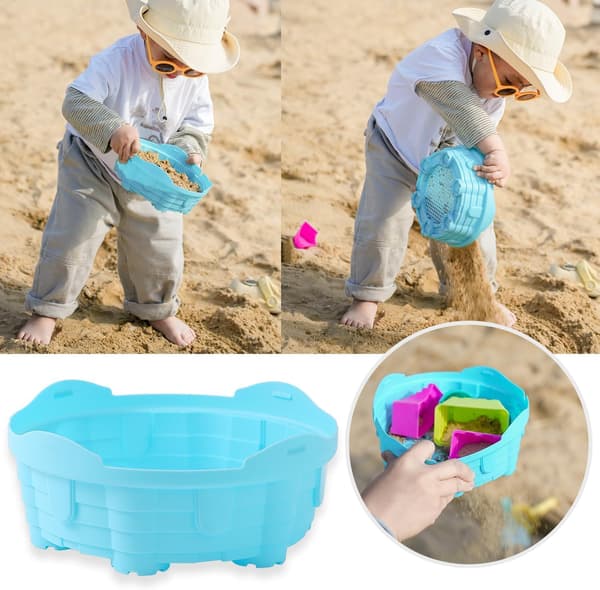 Compact 8-piece foldable bucket set with shovel, rake, double sifter for shark teeth or shells, and castle molds, perfect for outdoor use Blue