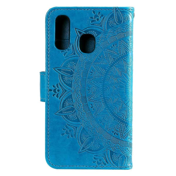 Preget Mandala Blomst Stativ Lommebok Skinnveske til Samsung Galaxy A40 Blå