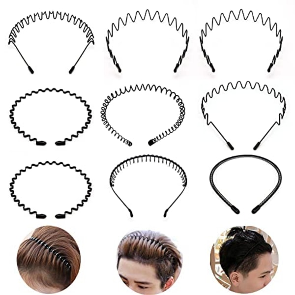 9 st unisex hårband för män Kvinnor Metal Pannband Vårvågigt hårband Sport Hårbåge Halkfri huvudbonader Håraccessoarer (svart) black