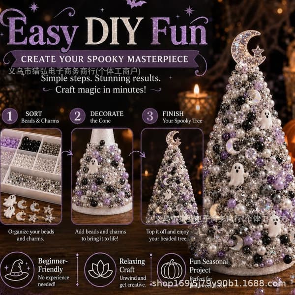 DIY Beaded Halloween Tree Craft Kit, Creative Decoration Set for Kids and Adults, 8 Spooky Themes G