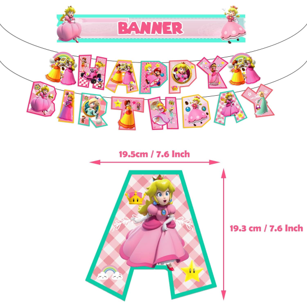 IC Princess Peach Födelsedagsfesttillbehör, Födelsedagsbanner - Tårta & Cupcake Toppers - 16 Latexballonger för Princess Peach Party Dekorationer