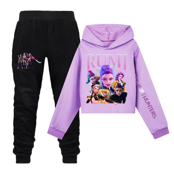 Kpop Demon Hunter Piger Cropped Hættetrøje med trykt fritidsdragt Sort XX