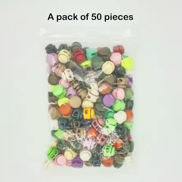50-pack plastfjäderlås med dubbla hål för dragskor (slumpmässig färg)
