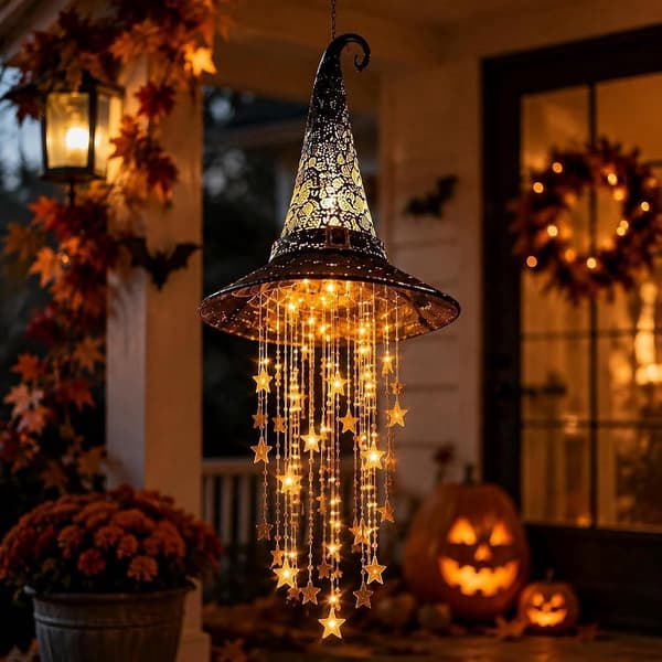 Riippuva Halloween-koriste valaistulla velhonhatulla ja tähtitupsuilla sisä- ja ulkokäyttöön