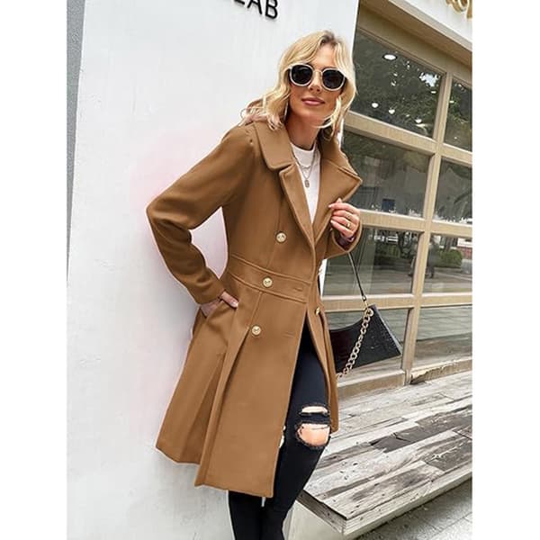 Women's Trench Coat Fashion Sharp Shirt Collar Double Breasted Thick A-line Jacket Dark Khaki