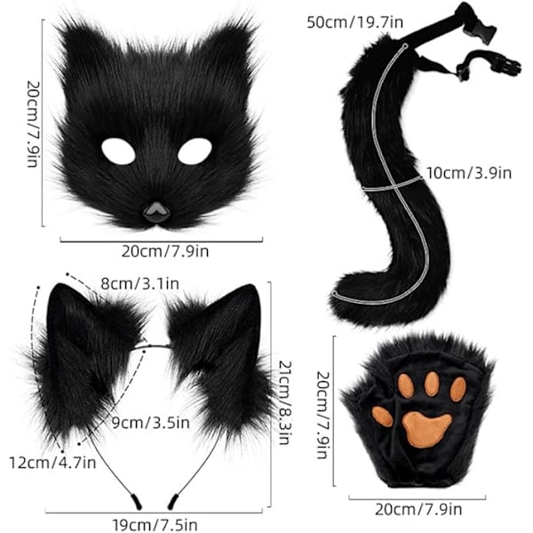 Plyschmask med rävsvans och öron set, katt svans räv kostym cosplay kostym med kattöron och tasshandskar halloween cosplay vit Hög kvalitet (Påsk) white
