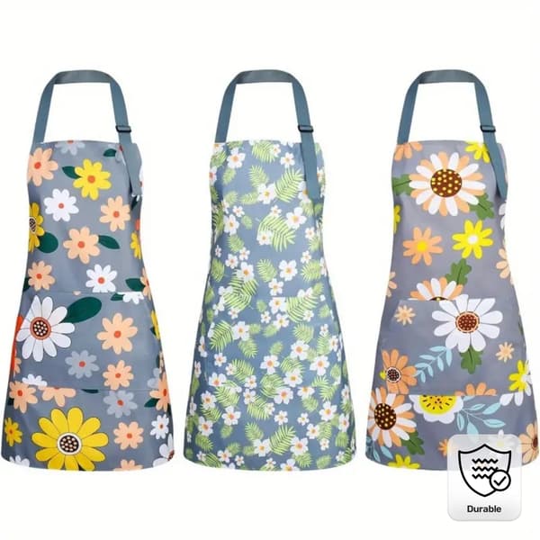 Blomstret forklæde til kvinder med justerbar rem og lomme, holdbart køkken- og havearbejdstøj 3pcs Set