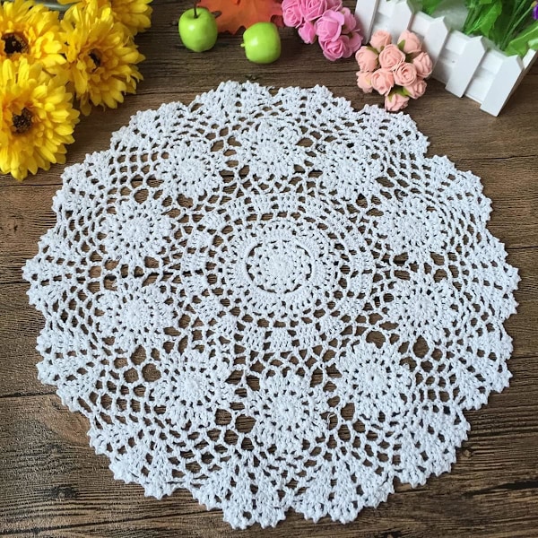2 st 100% bomull handgjorda virkade runda dukar spetsduk Doily