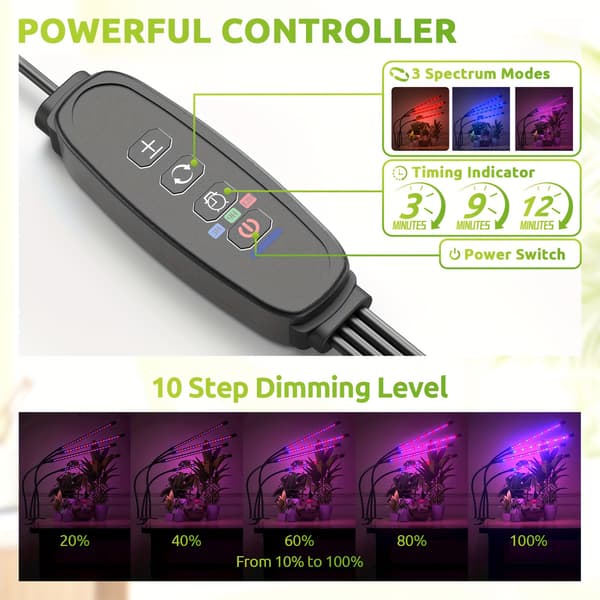 Full Spectrum LED Växtlampa för Inomhusbruk med Timer Dimbar Clip-4 Tubes Purple