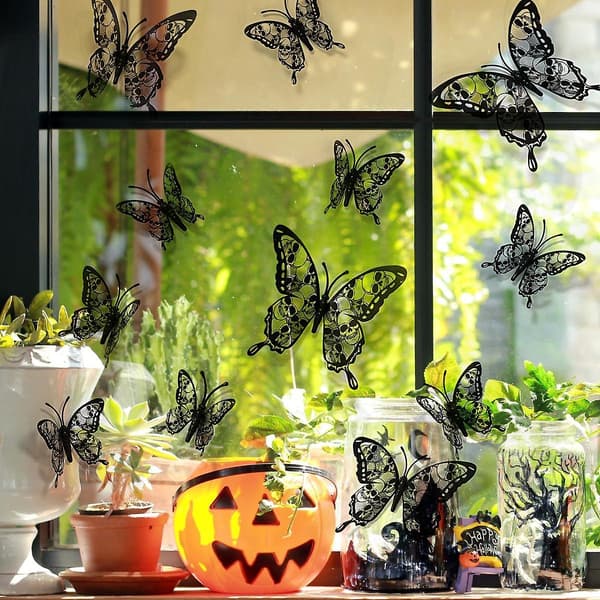 Halloween Wall Decor 3D Stereo Skull Butterfly Wall Decals Halloween Decorations Skeleton Butterflies Design Black Gothic Home Decor Halloween Wall