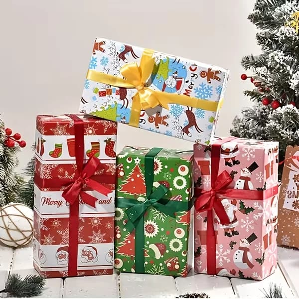 Julklappspapper Set med Jultomte-, Julgrans- och Renmönster för Julklappar Mixed