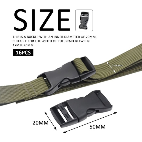 16 kpl 20 mm leveä webbing-solkia, mustat muoviset korvaavat soljet, soljet [DB]