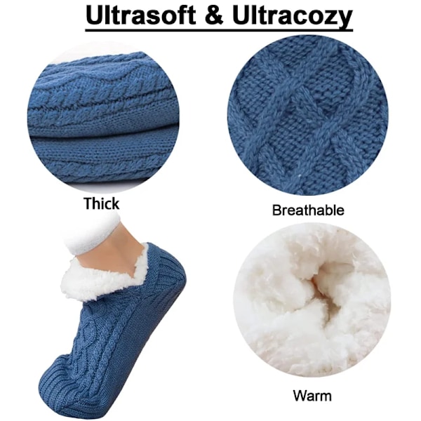 Dam Stickade Toffelstrumpor Mysiga Fuzzy Strumpor Halkfria Strumpor Vinter Inomhus Dubbellager Sovrumsstrumpor Marinblå Navy blue XL EU 46-48