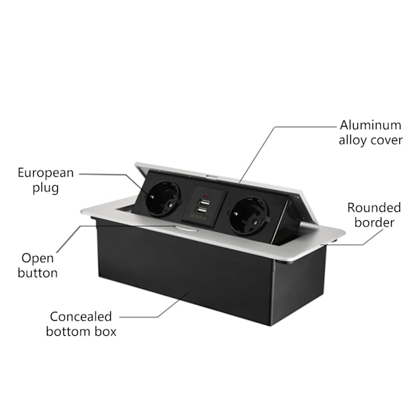 Kokoontaitettava pöytäpistorasia 2 EU-pistorasialla ja USB-latauksella, musta [ZHE] Silver