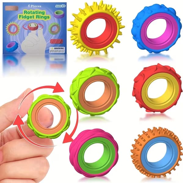 6-pakning stresslindrende spinnringer – sensoriske fidget-leker for barn og voksne, ADHD angstlindring, bærbare for kontor, reise og