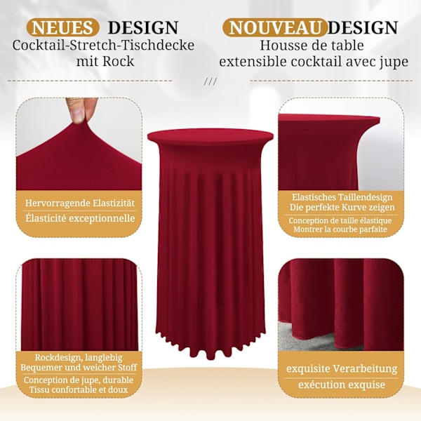 Set med 2 Bourgogne Överdrag för Högt Bord, Matsalsbord Duk 80 x 110 cm, Vinröd Bordsduk med Plisserad Kjol Red