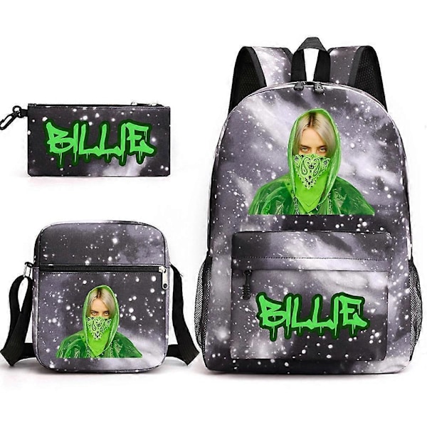 Billie Eilish Kolmiosainen Koululaukku Reppu Opiskelijan Kirjoitustarvikelaukku Painettu Reppu Tähtitaivas Musta ~1[HK]