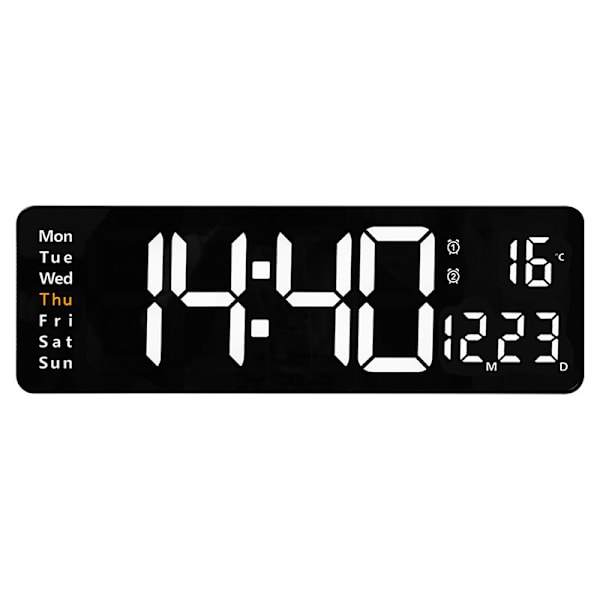 LED digital vægur Elektronisk vægfjernbetjening Temp Dato Hvid White 16 in