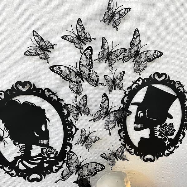 Halloween Wall Decor 3D Stereo Skull Butterfly Wall Decals Halloween Decorations Skeleton Butterflies Design Black Gothic Home Decor Halloween Wall