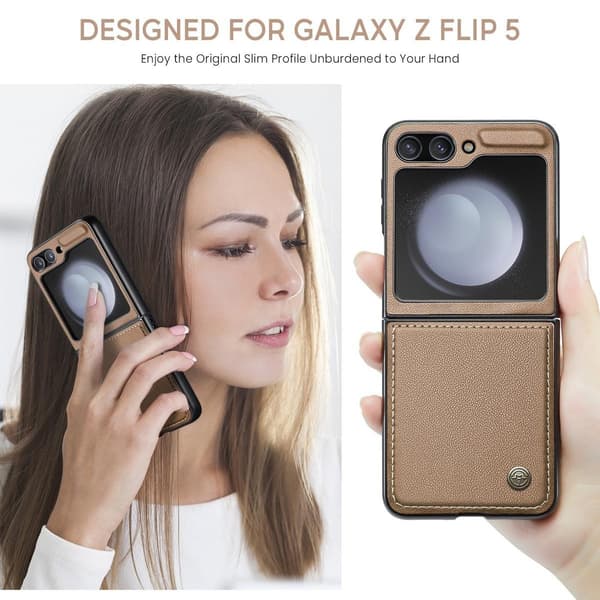(För Samsung Galaxy Z Flip 7 FE) Smalt läderfodral med stöd och mikrofiberfoder, det är kompatibelt med trådlös laddning