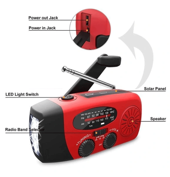 Solar Crank Emergency Radio with Flashlight and Power Bank red