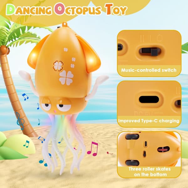 Dancing Octopus Toy, Octopus Toy, Automatic Crawling Dancing Octopus with Obstacle Detection, Crawling Octopus with LED Music yellow