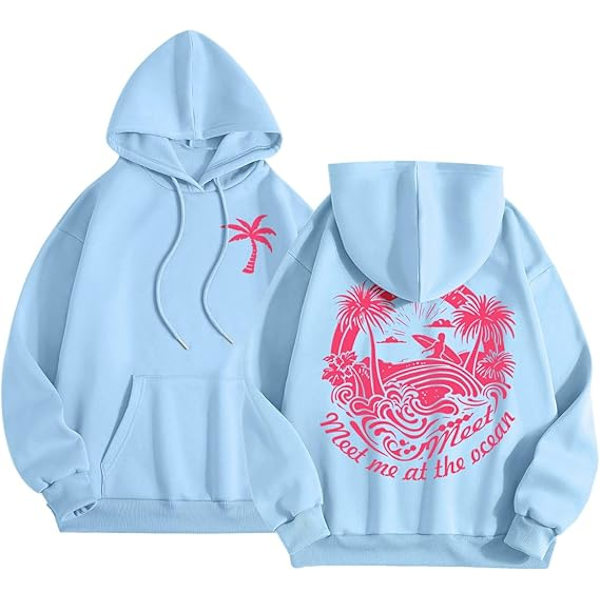 Palm Puff Hoodie Oversized Langærmet Trøje med Bogstavstryk til Teenagepiger Y2k Hættetrøje Mode Snøretrøje med Lommer Lyseblå- B Lyseblå- B Light Blue- B 2XL
