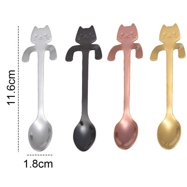 4 stk Kat Kaffe Teskeer, Mini Katte Skeer 4 Farver Rustfrit Stål Små Skeer til Dessert Kaffe Te Drikke Blandning