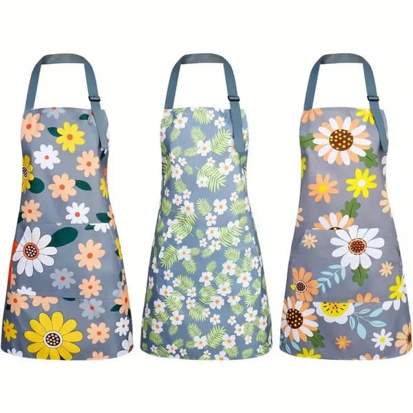 Blomstret forklæde til kvinder med justerbar rem og lomme, holdbart køkken- og havearbejdstøj 3pcs Set