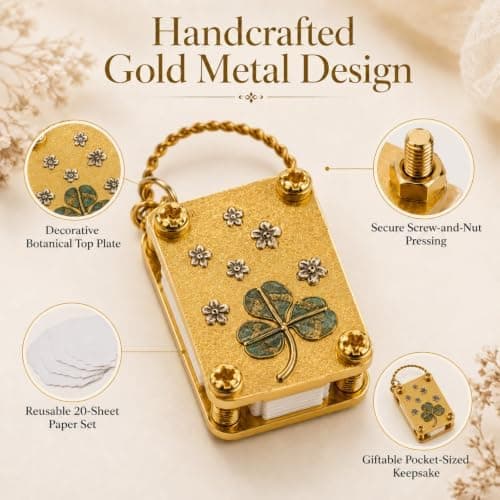 Mini Flower Press Keychain - Handmade Gold Metal Micro Press with 20 Sheets