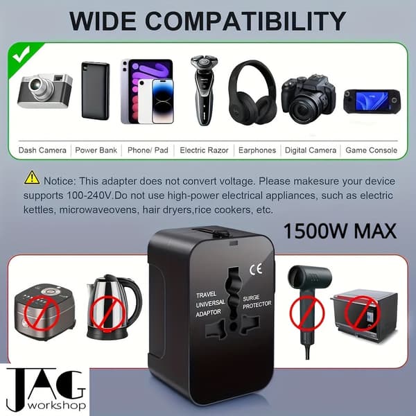 Universal rejseadapter med EU/US/UK/AU-stik, kompatibel med iPhone, Samsung, Android, iPad, bærbare computere SF-931