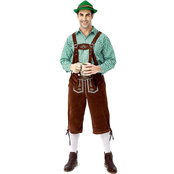 Tysk Oktoberfest Kostume Mænd | Ternede Skjorte med Broderede Seler & Hat*Grå hat*M Grå hat Grå hat